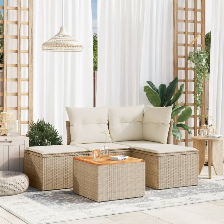 5-tlg. Garten-Sofagarnitur mit Kissen Schwarz Poly Rattan
