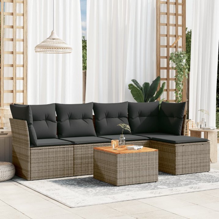 6-tlg. Garten-Sofagarnitur mit Kissen Schwarz Poly Rattan