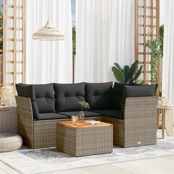 5-tlg. Garten-Sofagarnitur mit Kissen Schwarz Poly Rattan