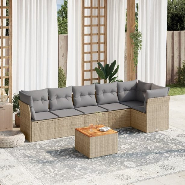 7-tlg. Garten-Sofagarnitur mit Kissen Schwarz Poly Rattan