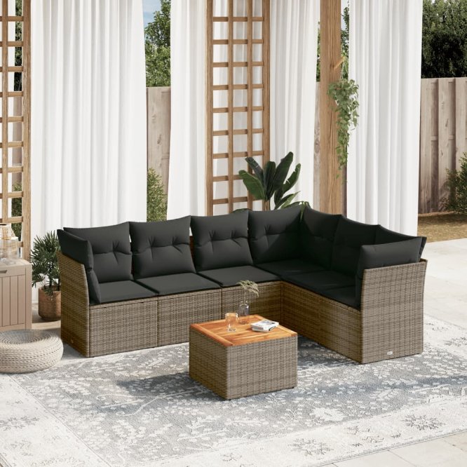 7-tlg. Garten-Sofagarnitur mit Kissen Schwarz Poly Rattan