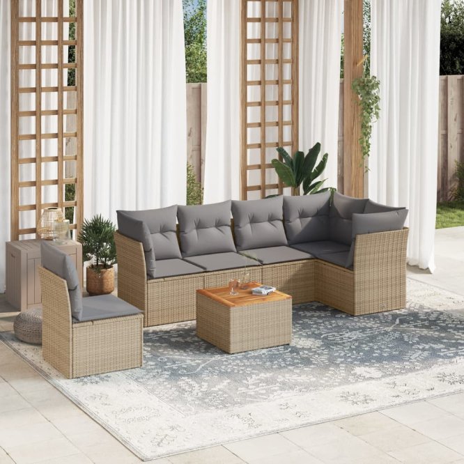 7-tlg. Garten-Sofagarnitur mit Kissen Schwarz Poly Rattan
