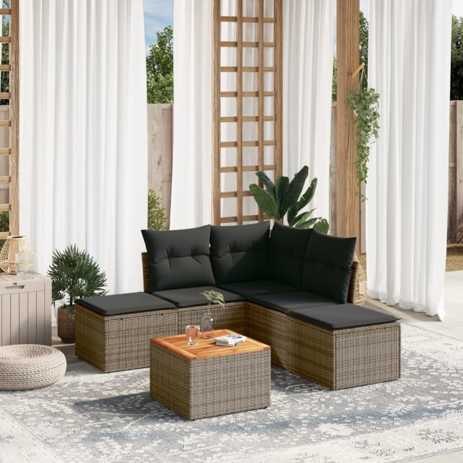6-tlg. Garten-Sofagarnitur mit Kissen Schwarz Poly Rattan
