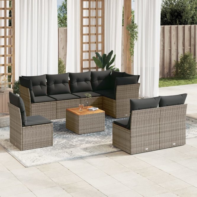 9-tlg. Garten-Sofagarnitur mit Kissen Schwarz Poly Rattan