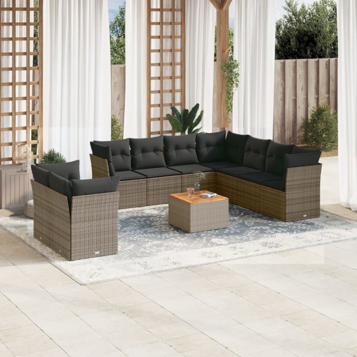 vidaXL 10-tlg. Garten-Sofagarnitur mit Kissen Schwarz Poly Rattan