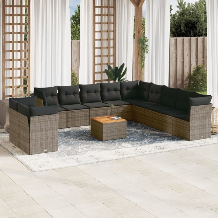 vidaXL 12-tlg. Garten-Sofagarnitur mit Kissen Schwarz Poly Rattan