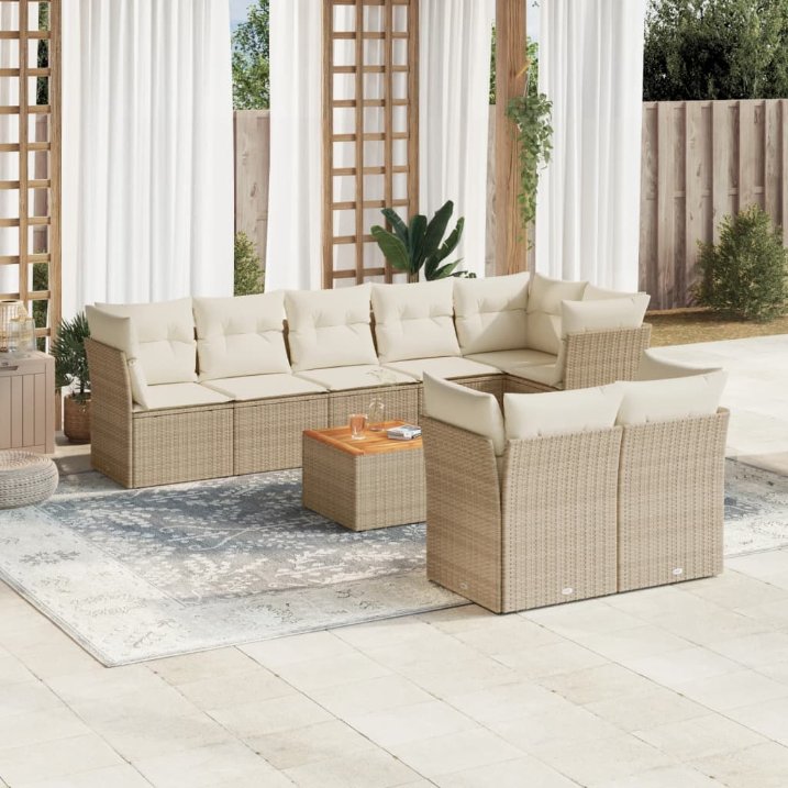 9-tlg. Garten-Sofagarnitur mit Kissen Schwarz Poly Rattan