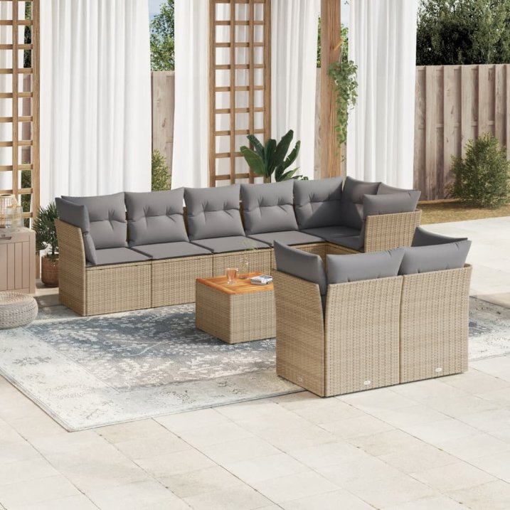 9-tlg. Garten-Sofagarnitur mit Kissen Schwarz Poly Rattan