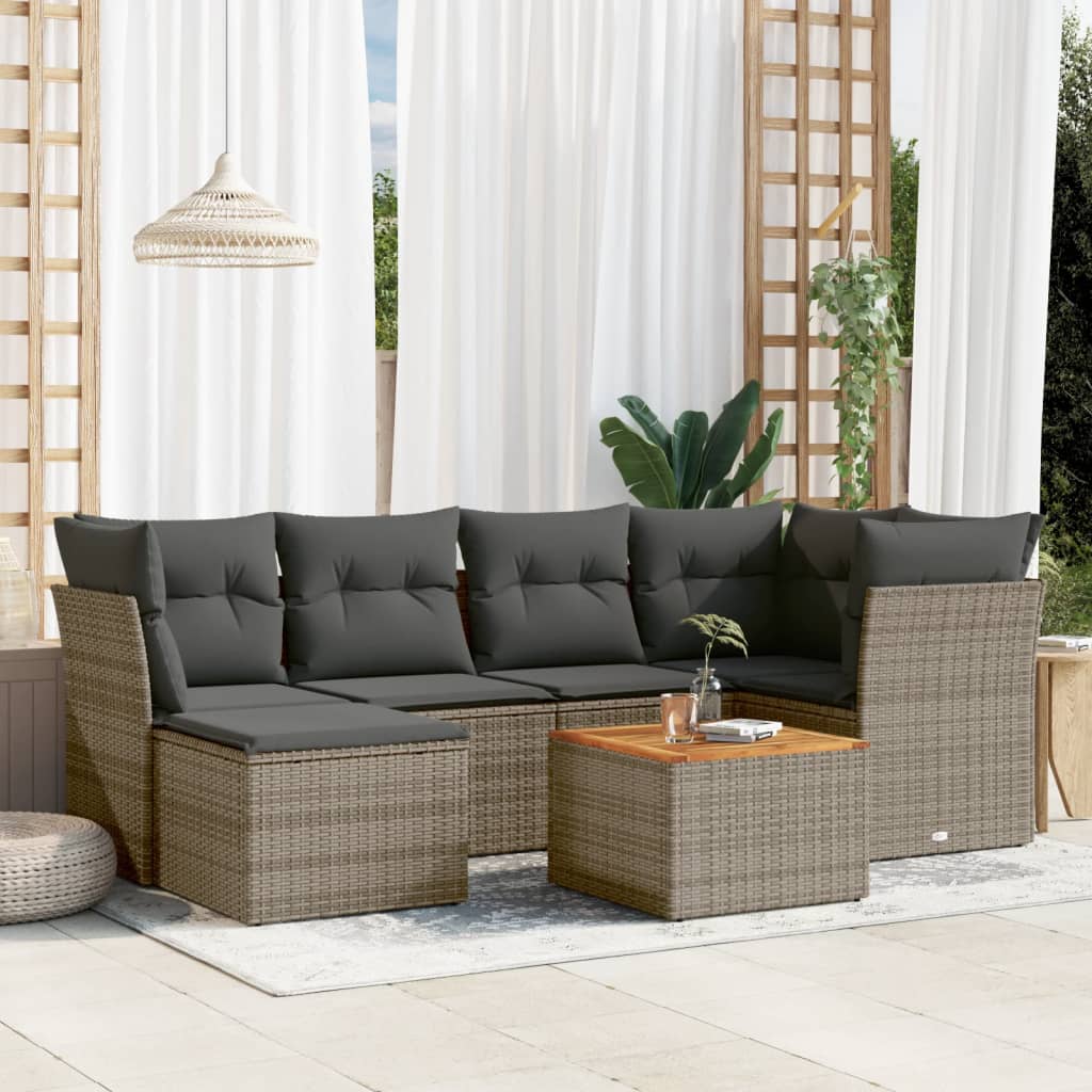 7-tlg. Garten-Sofagarnitur mit Kissen Schwarz Poly Rattan