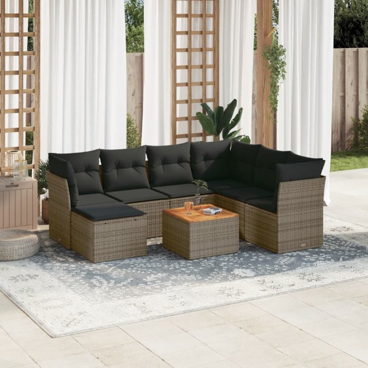 8-tlg. Garten-Sofagarnitur mit Kissen Schwarz Poly Rattan