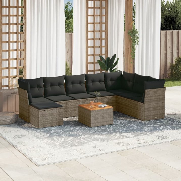 9-tlg. Garten-Sofagarnitur mit Kissen Schwarz Poly Rattan
