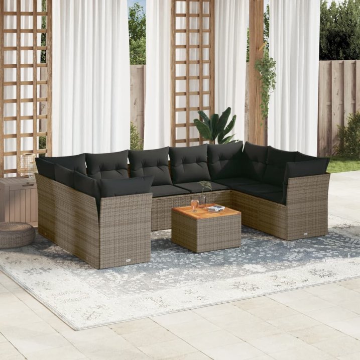 vidaXL 10-tlg. Garten-Sofagarnitur mit Kissen Schwarz Poly Rattan