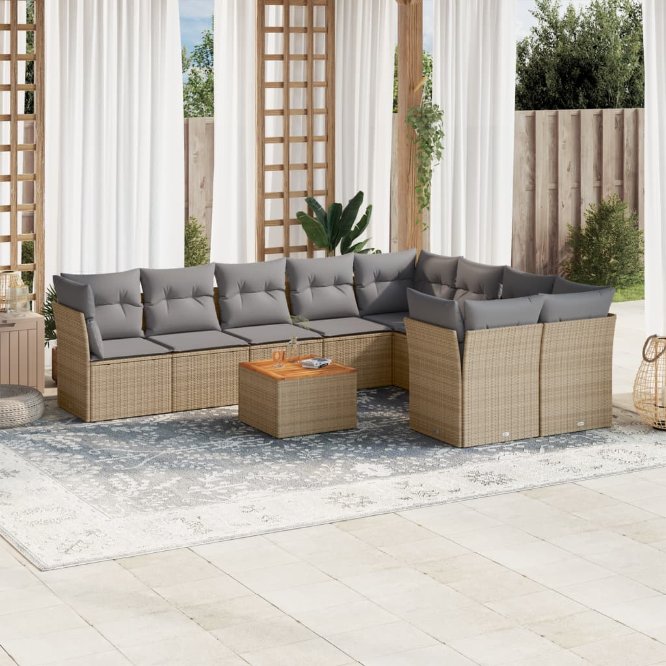 vidaXL 10-tlg. Garten-Sofagarnitur mit Kissen Schwarz Poly Rattan