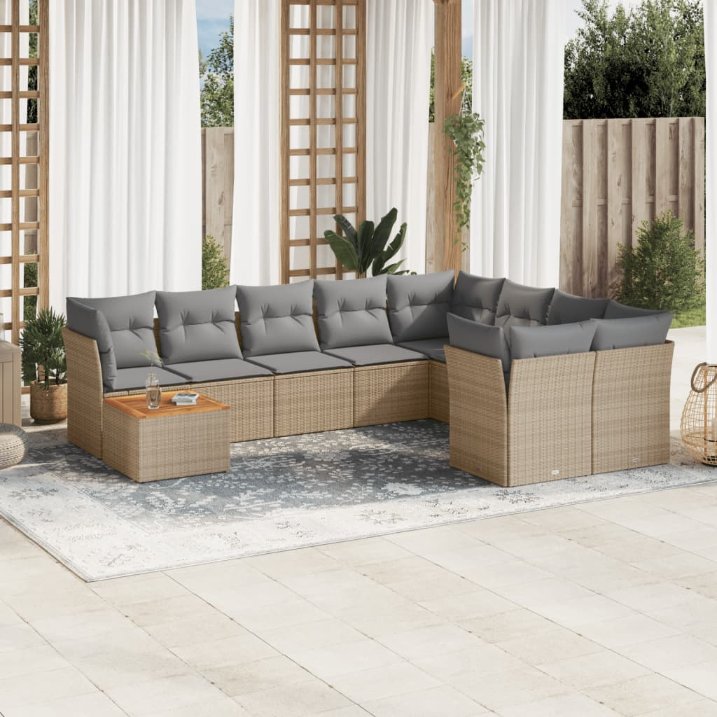 vidaXL 10-tlg. Garten-Sofagarnitur mit Kissen Schwarz Poly Rattan