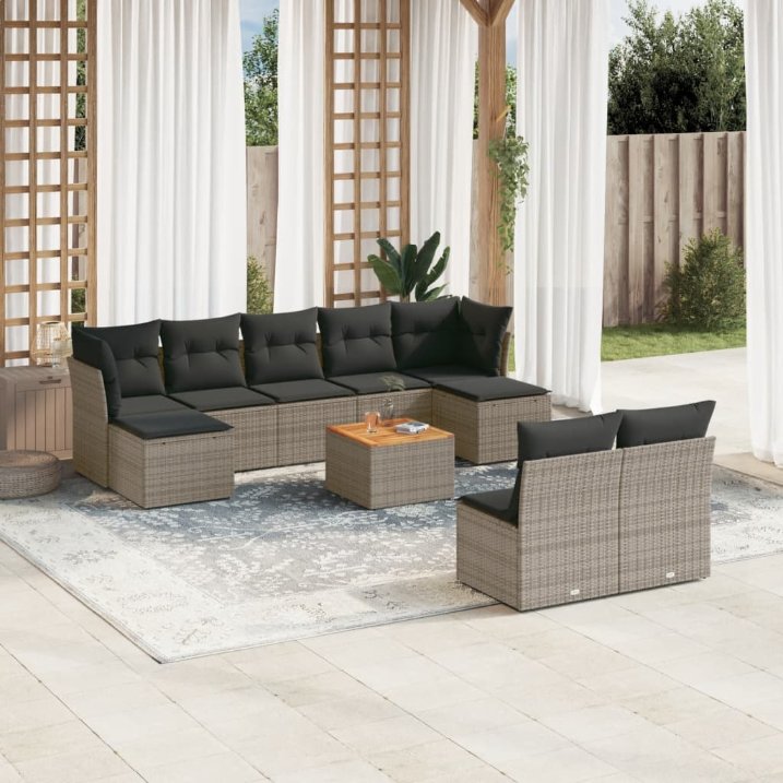 vidaXL 10-tlg. Garten-Sofagarnitur mit Kissen Schwarz Poly Rattan