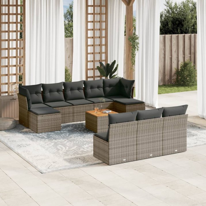 vidaXL 11-tlg. Garten-Sofagarnitur mit Kissen Schwarz Poly Rattan