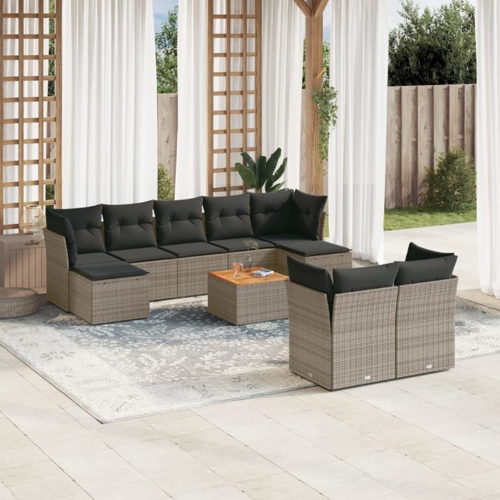 vidaXL 10-tlg. Garten-Sofagarnitur mit Kissen Schwarz Poly Rattan