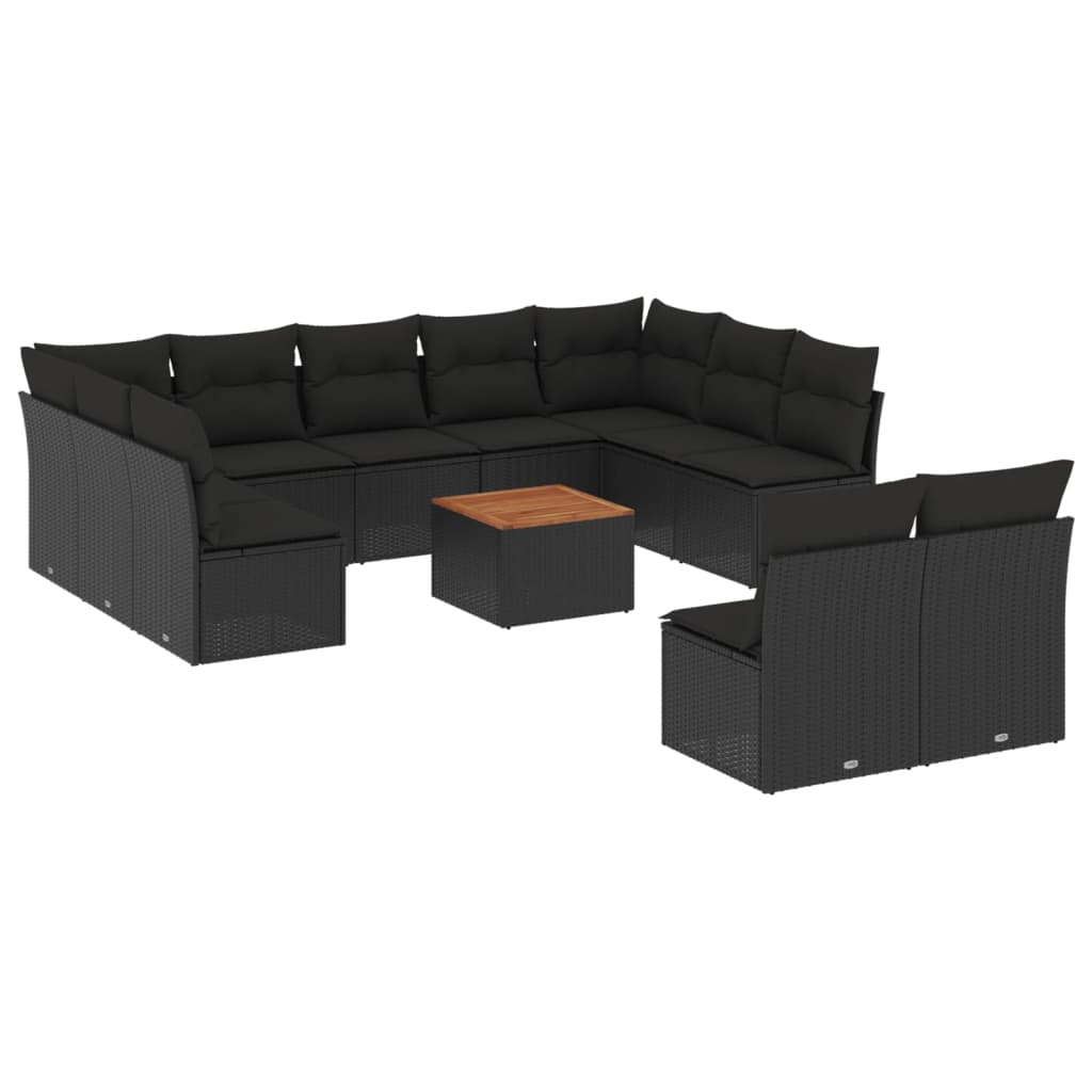 vidaXL 12-tlg. Garten-Sofagarnitur mit Kissen Schwarz Poly Rattan