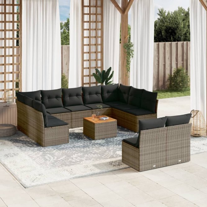 vidaXL 12-tlg. Garten-Sofagarnitur mit Kissen Schwarz Poly Rattan