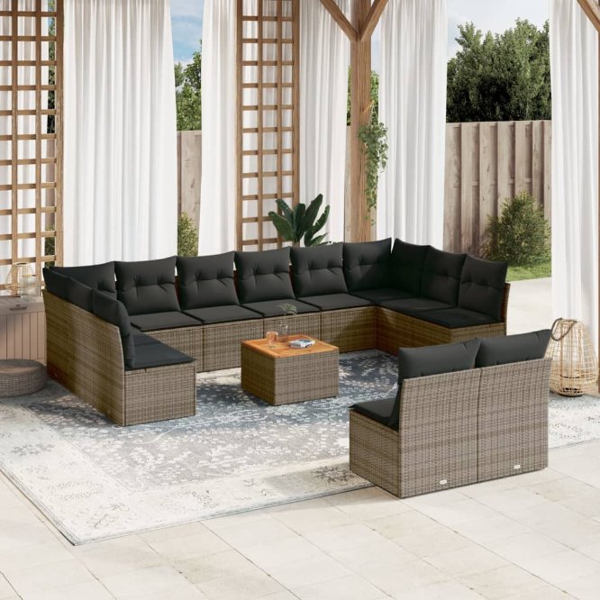13-tlg. Garten-Sofagarnitur mit Kissen Schwarz Poly Rattan