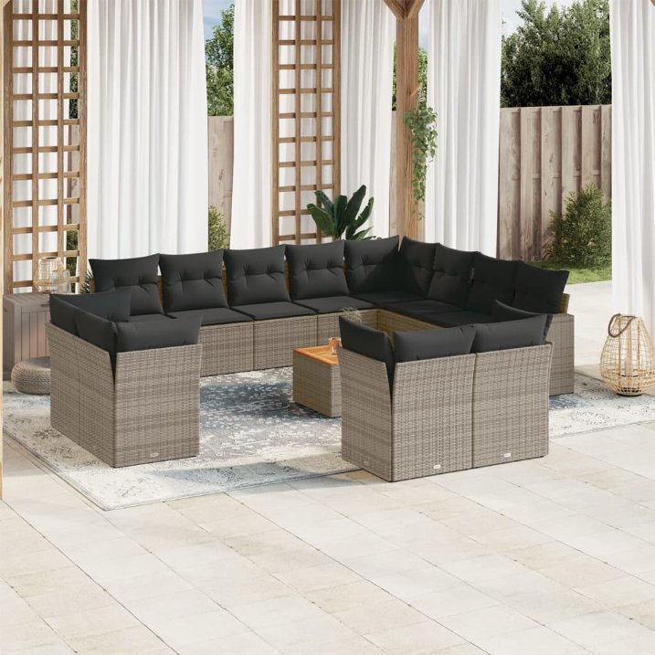 13-tlg. Garten-Sofagarnitur mit Kissen Schwarz Poly Rattan