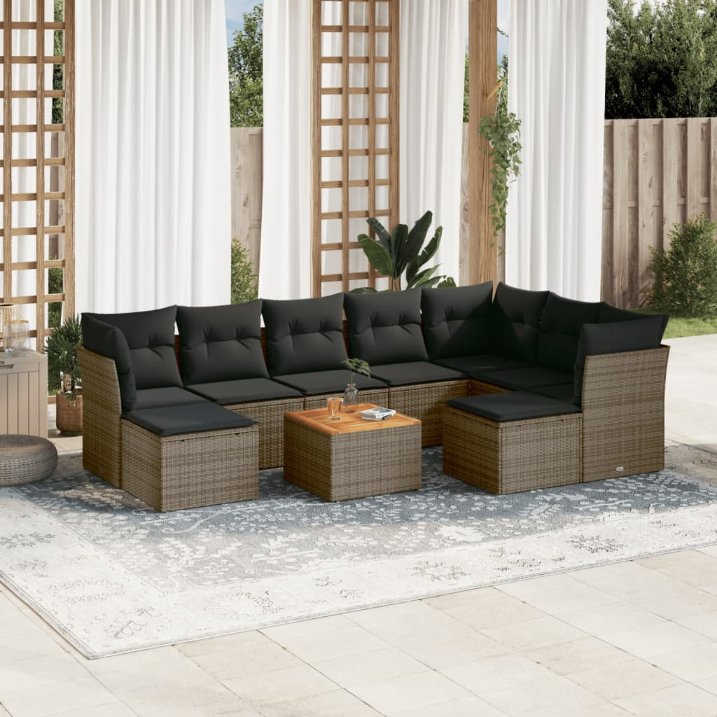 vidaXL 10-tlg. Garten-Sofagarnitur mit Kissen Schwarz Poly Rattan