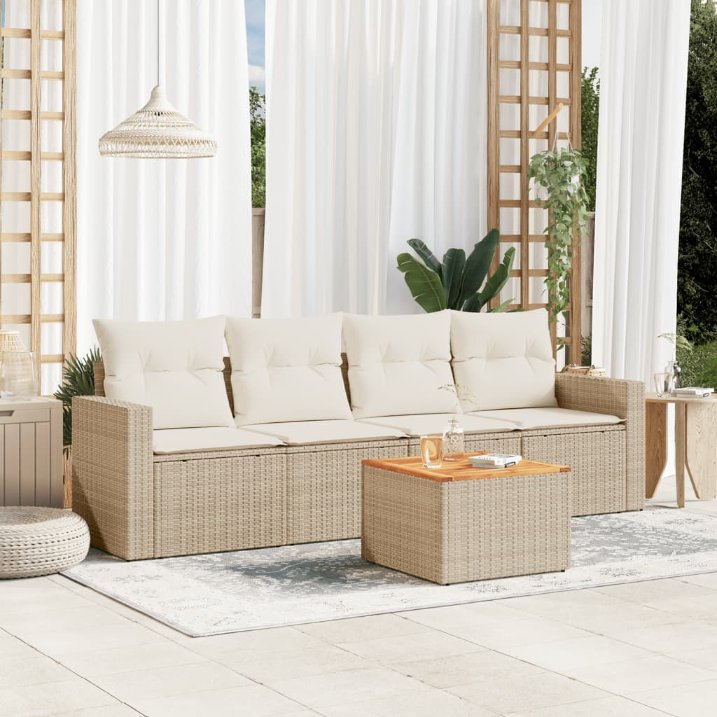 5-tlg. Garten-Sofagarnitur mit Kissen Schwarz Poly Rattan