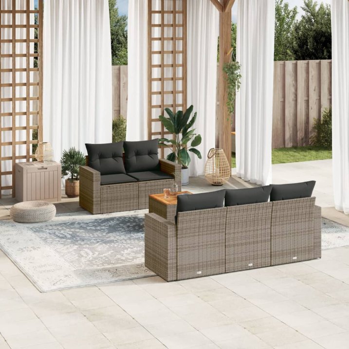 6-tlg. Garten-Sofagarnitur mit Kissen Schwarz Poly Rattan