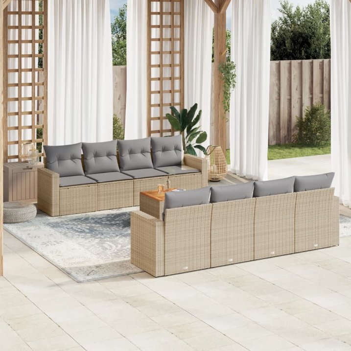 9-tlg. Garten-Sofagarnitur mit Kissen Schwarz Poly Rattan