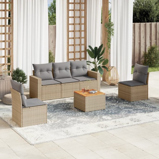 6-tlg. Garten-Sofagarnitur mit Kissen Schwarz Poly Rattan