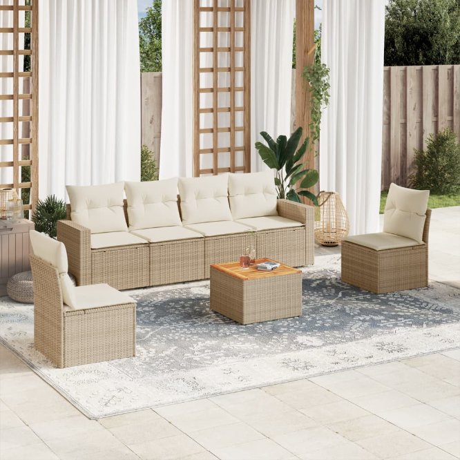 7-tlg. Garten-Sofagarnitur mit Kissen Schwarz Poly Rattan