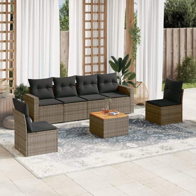 7-tlg. Garten-Sofagarnitur mit Kissen Schwarz Poly Rattan