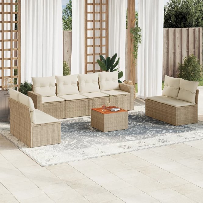 9-tlg. Garten-Sofagarnitur mit Kissen Schwarz Poly Rattan