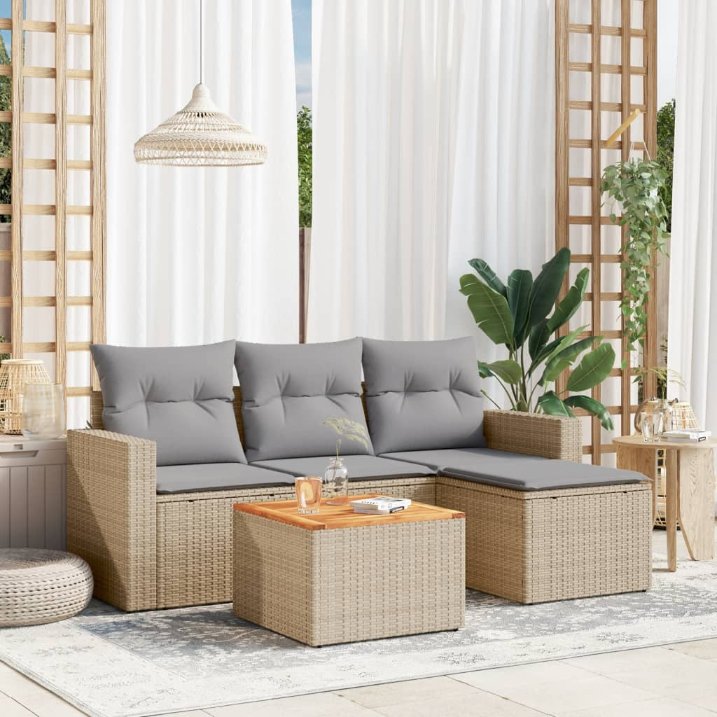 5-tlg. Garten-Sofagarnitur mit Kissen Schwarz Poly Rattan