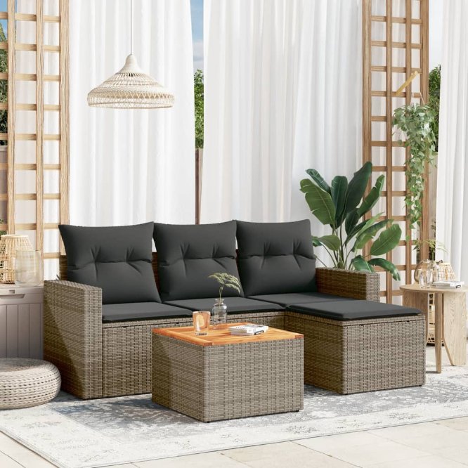 5-tlg. Garten-Sofagarnitur mit Kissen Schwarz Poly Rattan