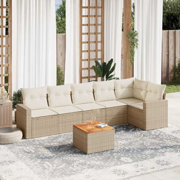 7-tlg. Garten-Sofagarnitur mit Kissen Schwarz Poly Rattan