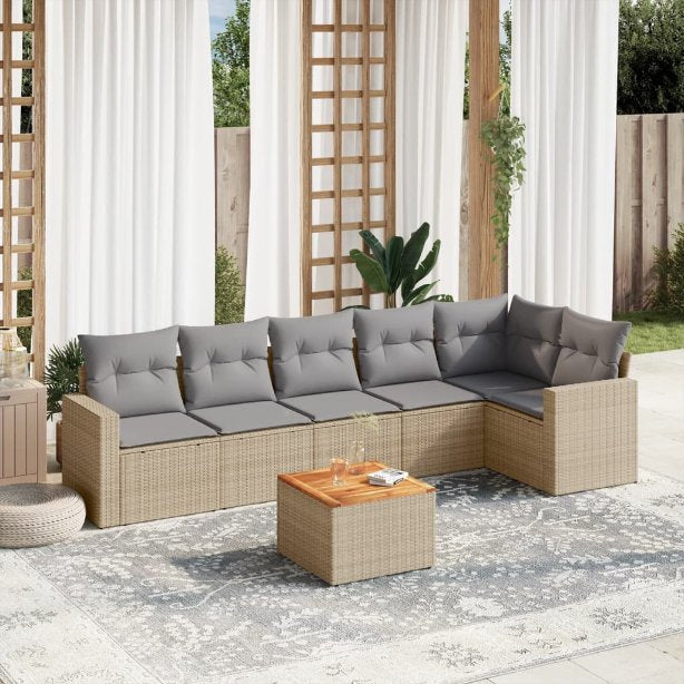 7-tlg. Garten-Sofagarnitur mit Kissen Schwarz Poly Rattan