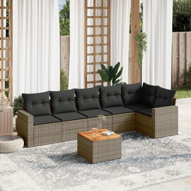 7-tlg. Garten-Sofagarnitur mit Kissen Schwarz Poly Rattan