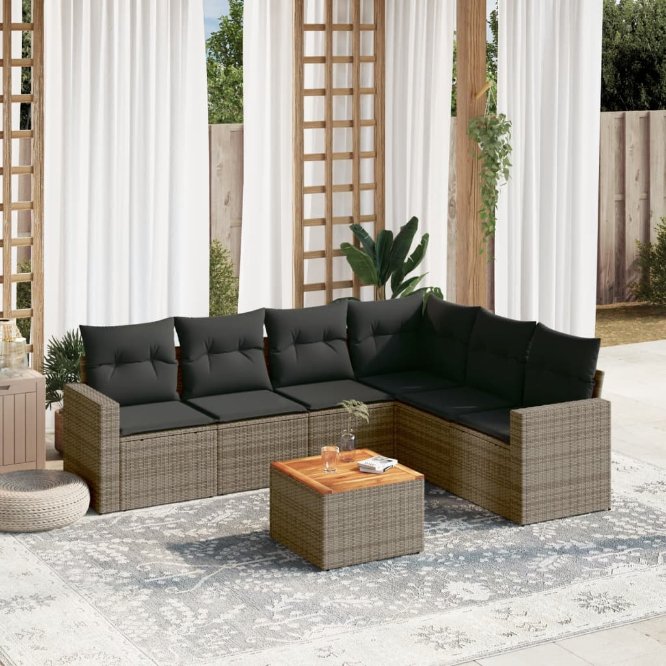 7-tlg. Garten-Sofagarnitur mit Kissen Schwarz Poly Rattan