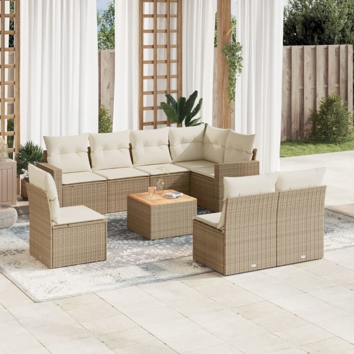 9-tlg. Garten-Sofagarnitur mit Kissen Schwarz Poly Rattan