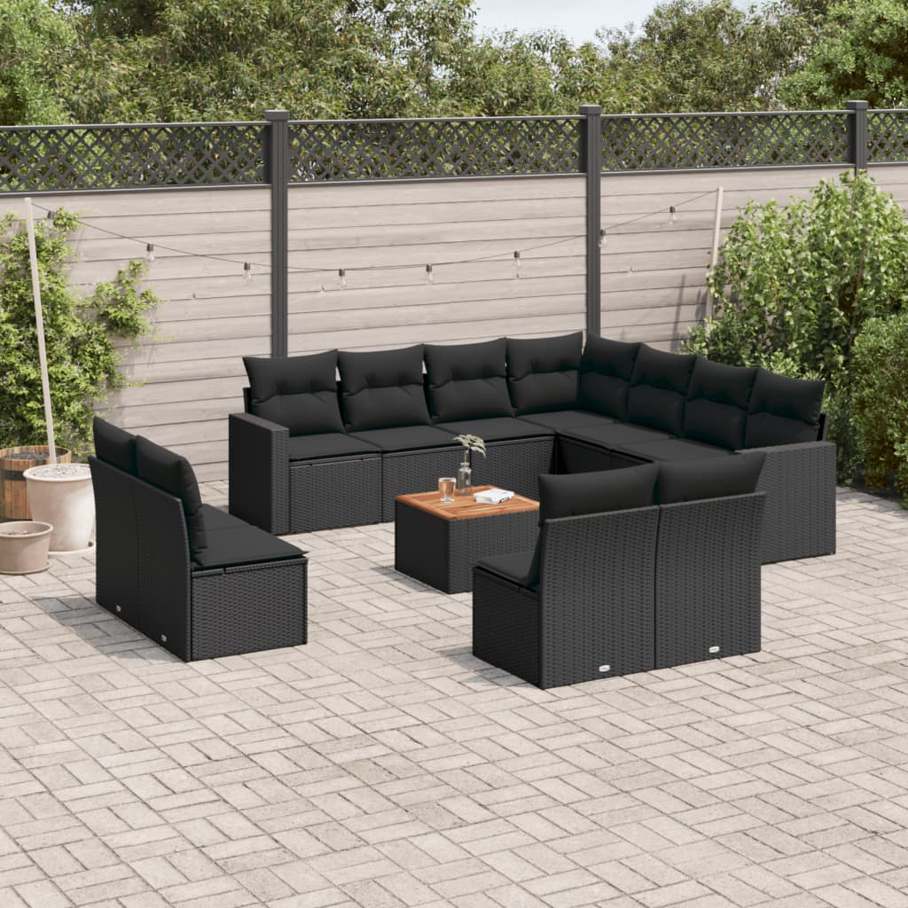vidaXL 12-tlg. Garten-Sofagarnitur mit Kissen Schwarz Poly Rattan