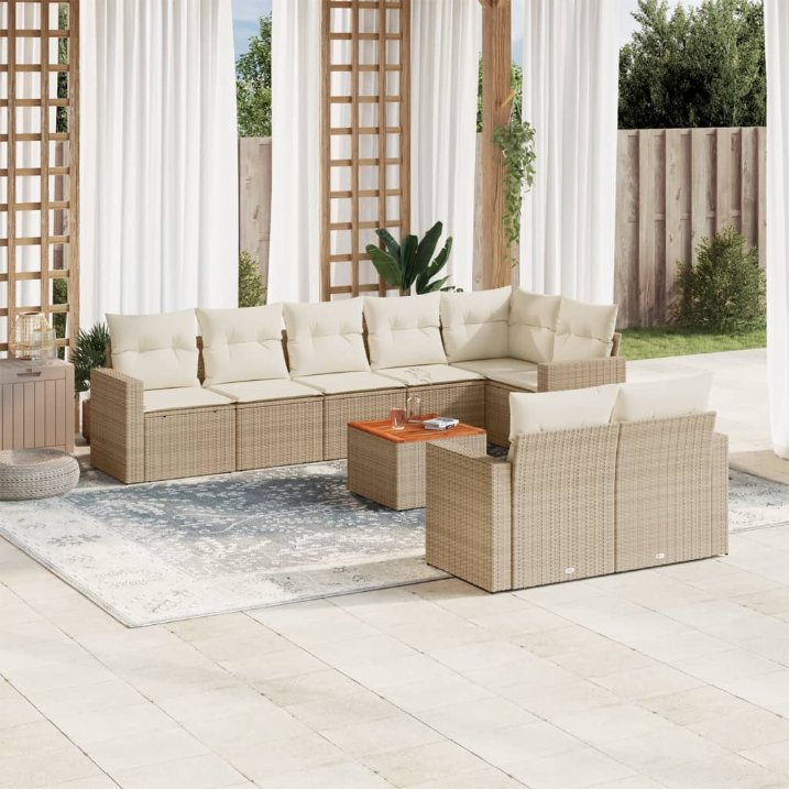 9-tlg. Garten-Sofagarnitur mit Kissen Schwarz Poly Rattan