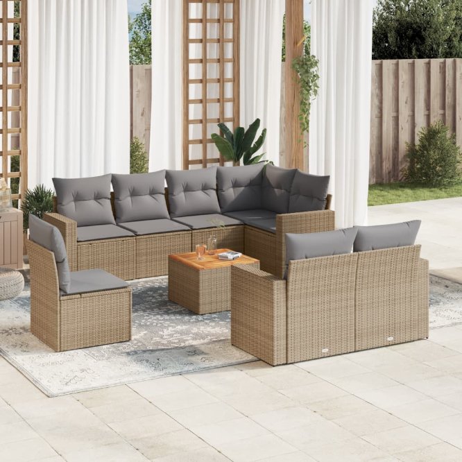 9-tlg. Garten-Sofagarnitur mit Kissen Schwarz Poly Rattan