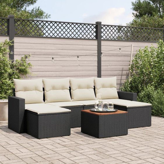 vidaXL 7-tlg. Garten-Sofagarnitur mit Kissen Schwarz Poly Rattan
