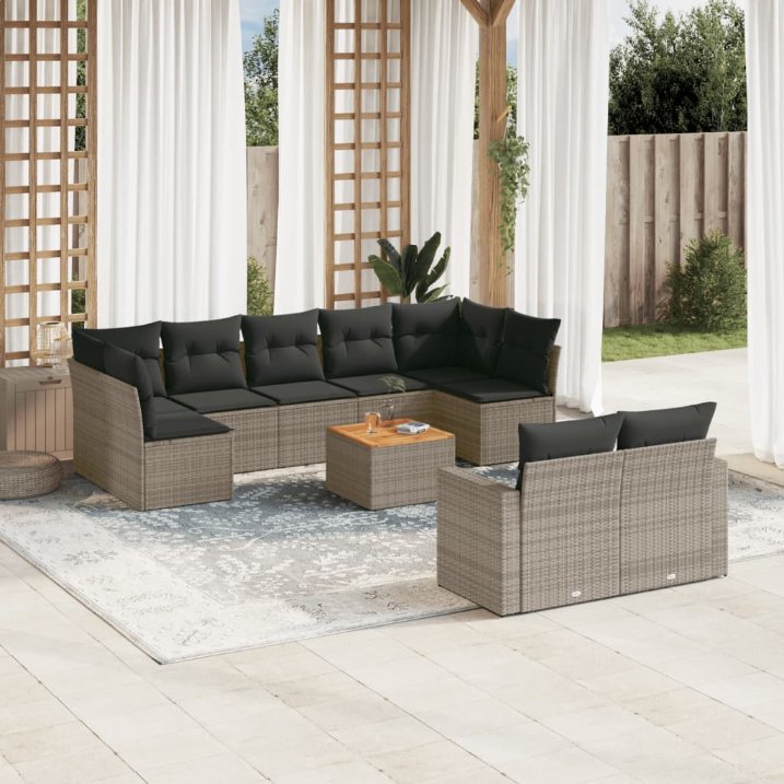 vidaXL 10-tlg. Garten-Sofagarnitur mit Kissen Schwarz Poly Rattan