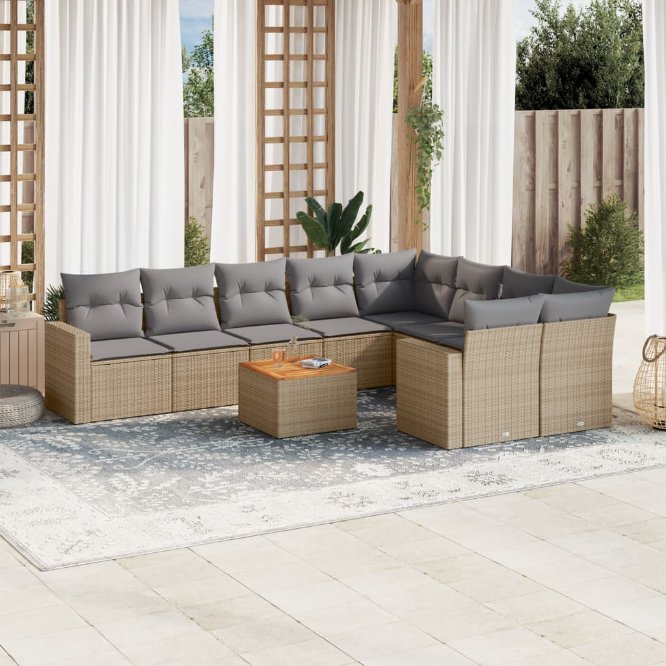 vidaXL 10-tlg. Garten-Sofagarnitur mit Kissen Schwarz Poly Rattan