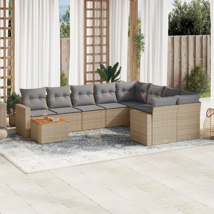 vidaXL 10-tlg. Garten-Sofagarnitur mit Kissen Schwarz Poly Rattan