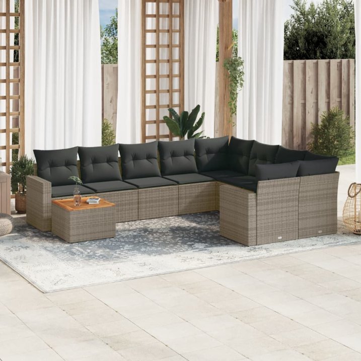 vidaXL 10-tlg. Garten-Sofagarnitur mit Kissen Schwarz Poly Rattan