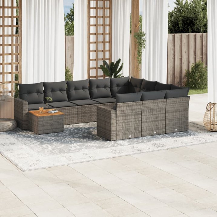 vidaXL 11-tlg. Garten-Sofagarnitur mit Kissen Schwarz Poly Rattan