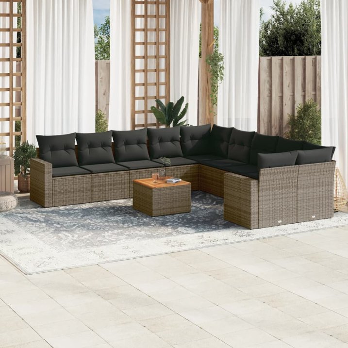 vidaXL 11-tlg. Garten-Sofagarnitur mit Kissen Schwarz Poly Rattan